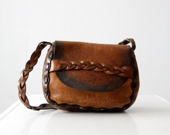 vintage 60s leather handbag, hippie purse, braided shoulder bag