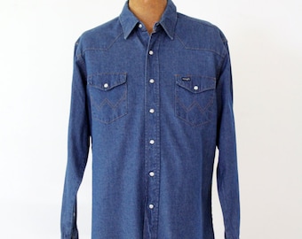 Wrangler denim shirt, vintage men's large snap front shirt