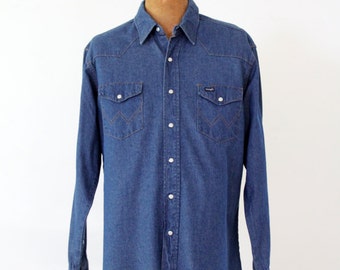 Wrangler denim overhemd, vintage herenshirt met grote drukknoopsluiting