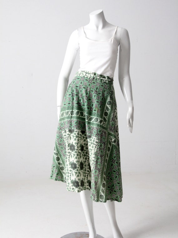 vintage 70s wrap skirt, boho green block print sk… - image 1