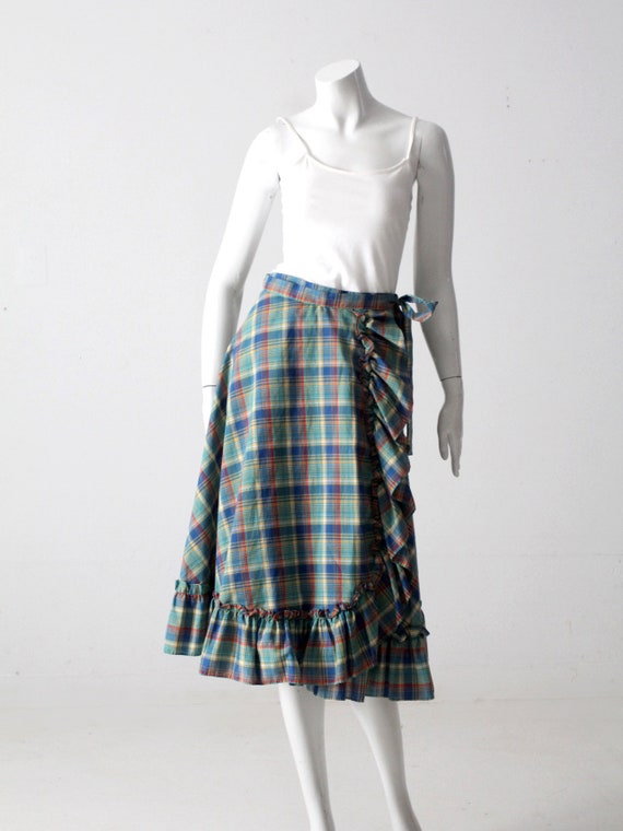 vintage 70s plaid ruffle wrap skirt