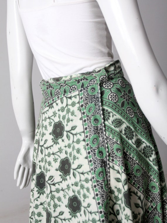 vintage 70s wrap skirt, boho green block print sk… - image 6