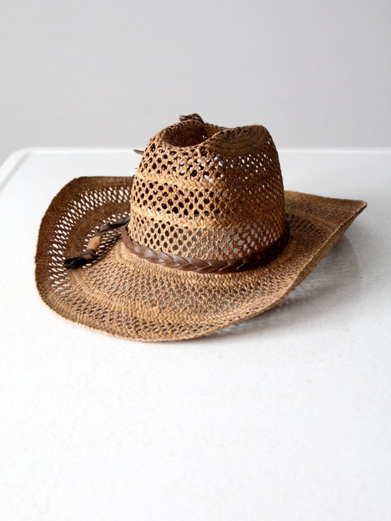 vintage open weave straw cowboy hat - image 8