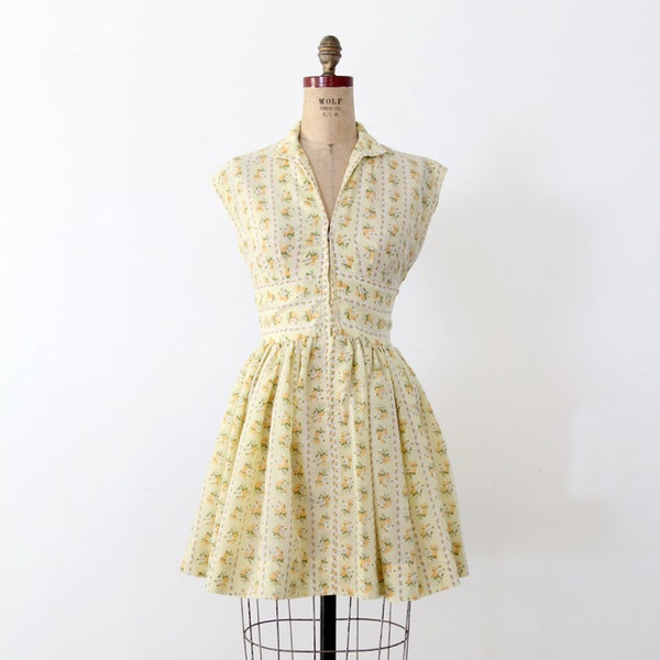vintage 70s floral dress / yellow mini dress