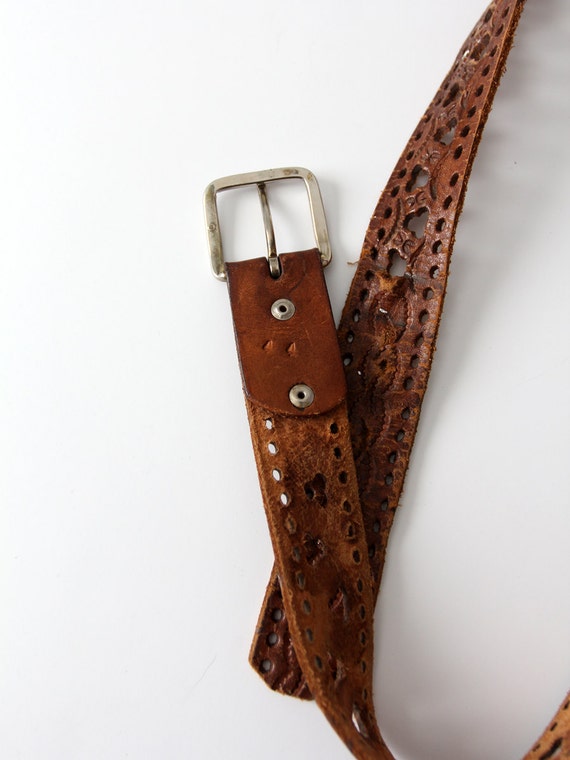 1970s leather belt, vintage cut out brown belt - image 4