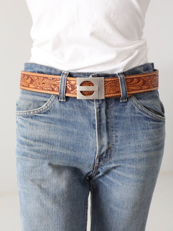 vintage 70s tooled leather belt, geometric buckle