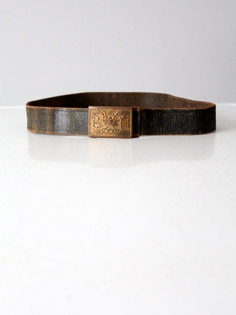 black leather belt with brass buckle vintage Odd Fellows belt and buckle