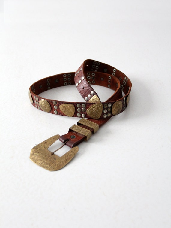 vintage concha belt, gold medallion brown leather