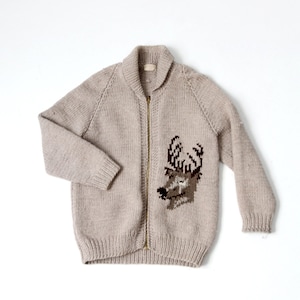 vintage hand-knit camp sweater, deer pattern chunky cardigan