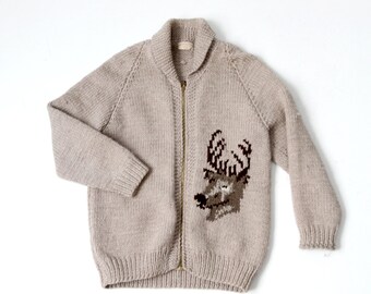 vintage hand-knit camp sweater, deer pattern chunky cardigan