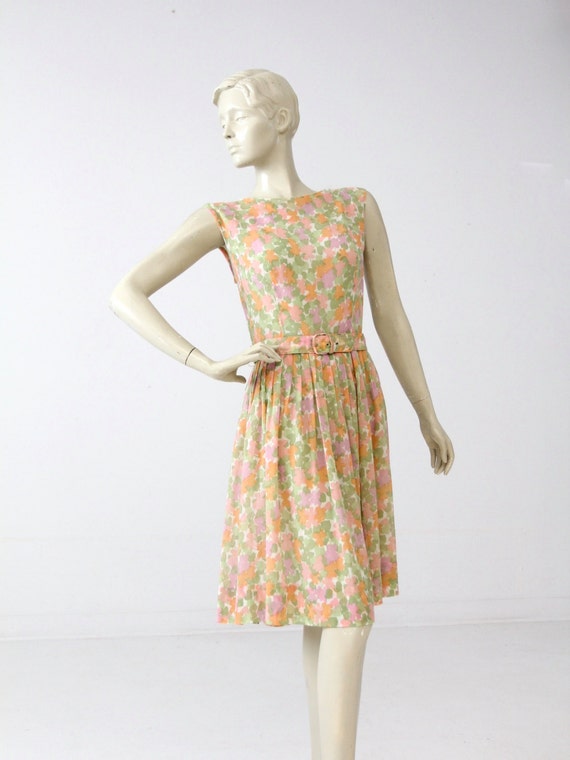 1960s floral dress with belt, watercolor garden p… - image 1