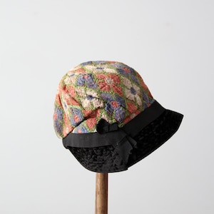 1920s flapper cloche hat, vintage embroidered deco evening cap