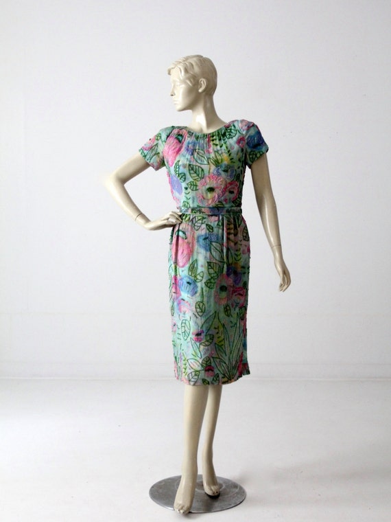 1960s beaded watercolor dress, vintage chiffon se… - image 1