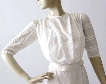 antique Edwardian blouse, pin tuck embroidered white cotton top