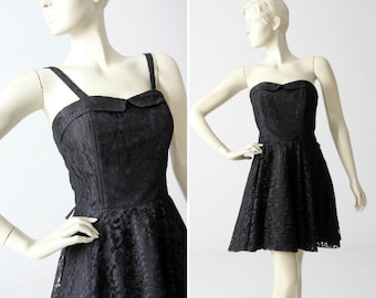 1980s cocktail dress, vintage black lace party dress