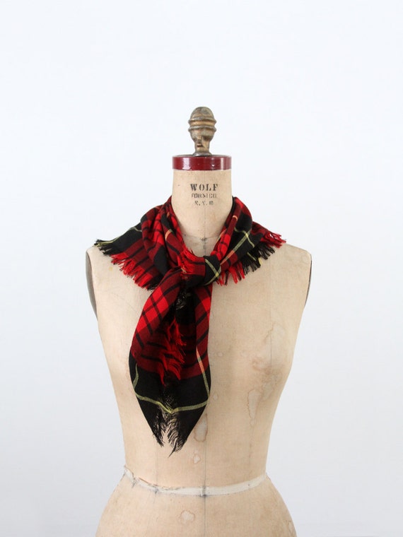 vintage red plaid wool scarf, fine wool scarf