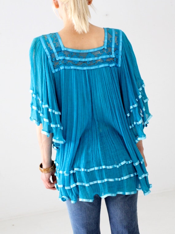 1970s gauze hippie blouse, vintage blue cotton gau