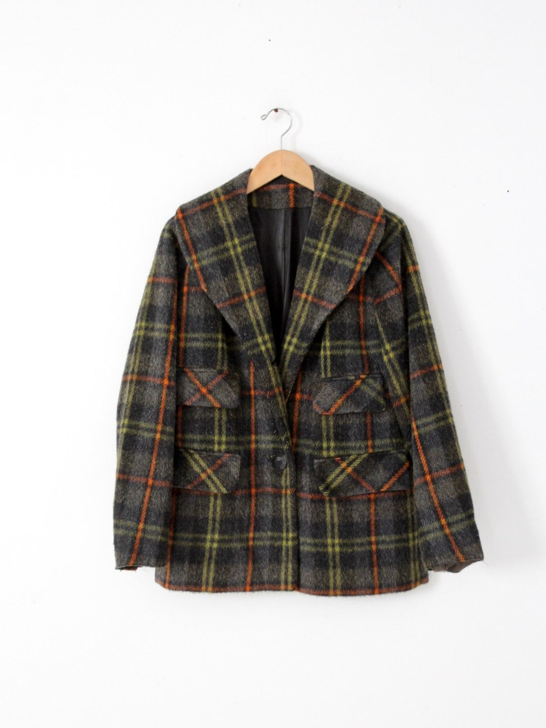 Vintage 40s Wool Coat, Plaid Single Button Jacket - Etsy