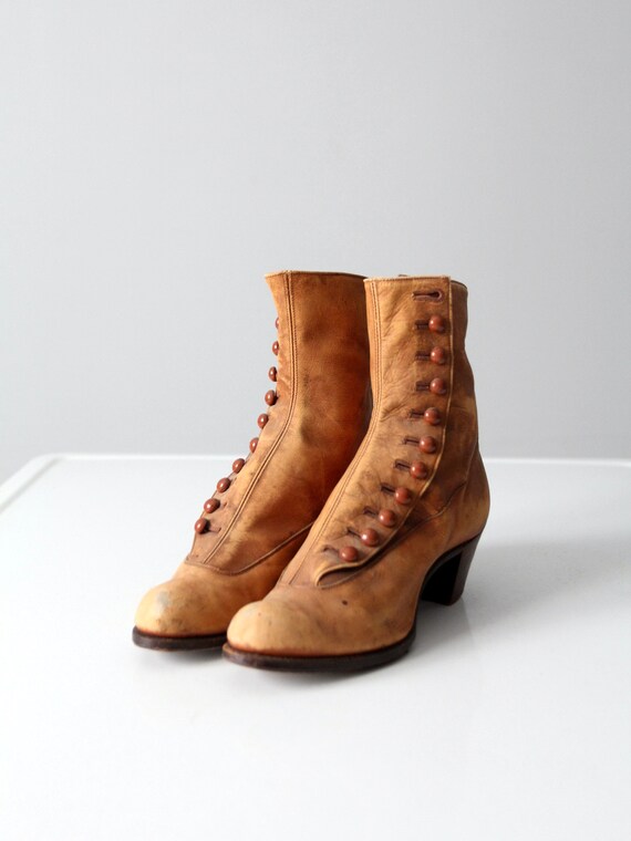 Edwardian leather boots - tan side button up boots - image 2