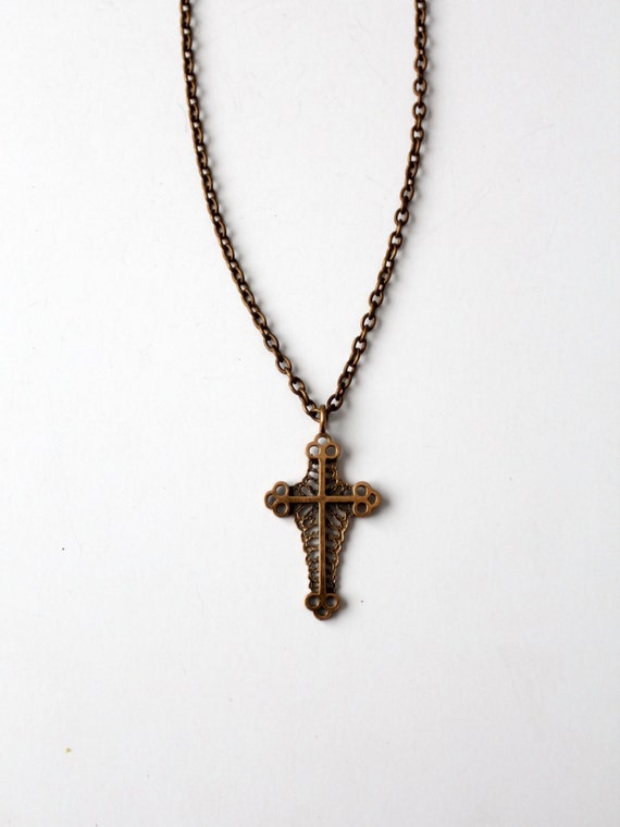 vintage cross pendant necklace, brass tone neckla… - image 1