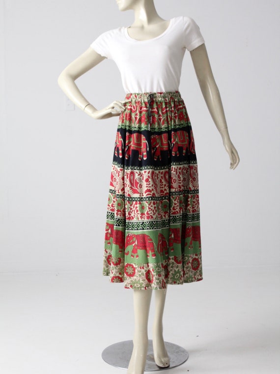 vintage 70s boho skirt, block print elephant hippi