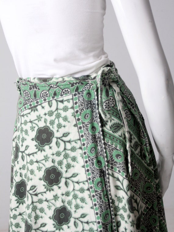 vintage 70s wrap skirt, boho green block print sk… - image 9