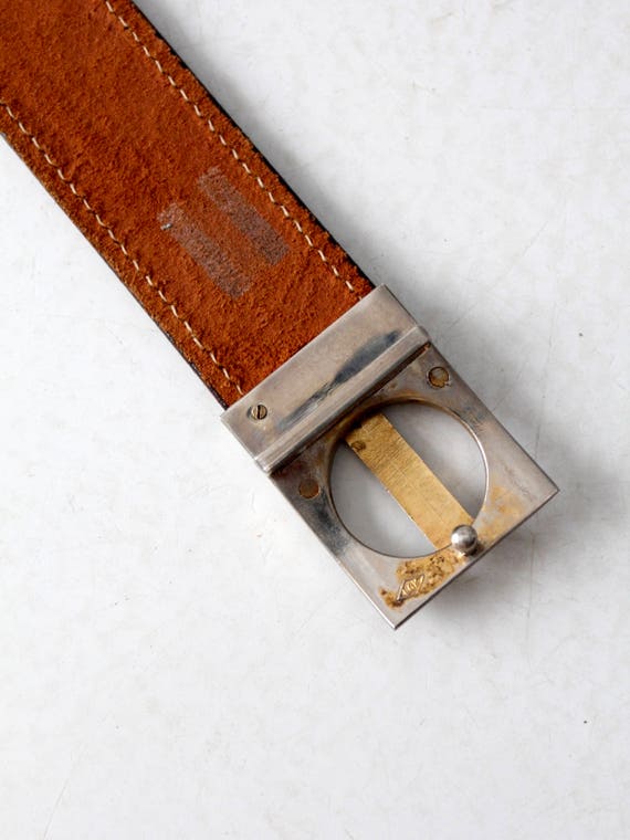 vintage 70s tooled leather belt with geometric bu… - image 6