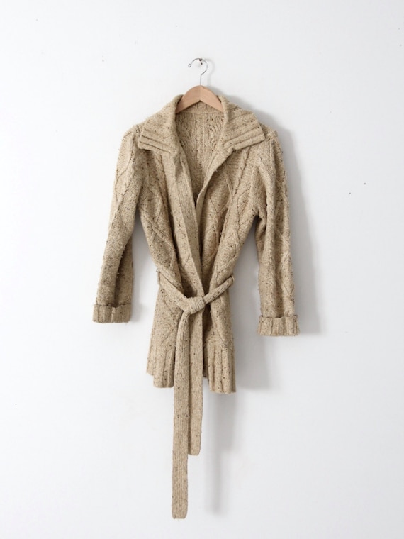 Vintage Cable Knit Wrap Cardigan Sweater, 1970s Chunky Knit