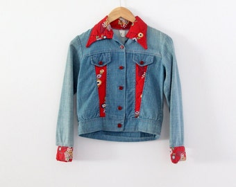 1970er Jahre Patchwork Jeansjacke, Vintage Kattun Inlay Crop Jeansjacke