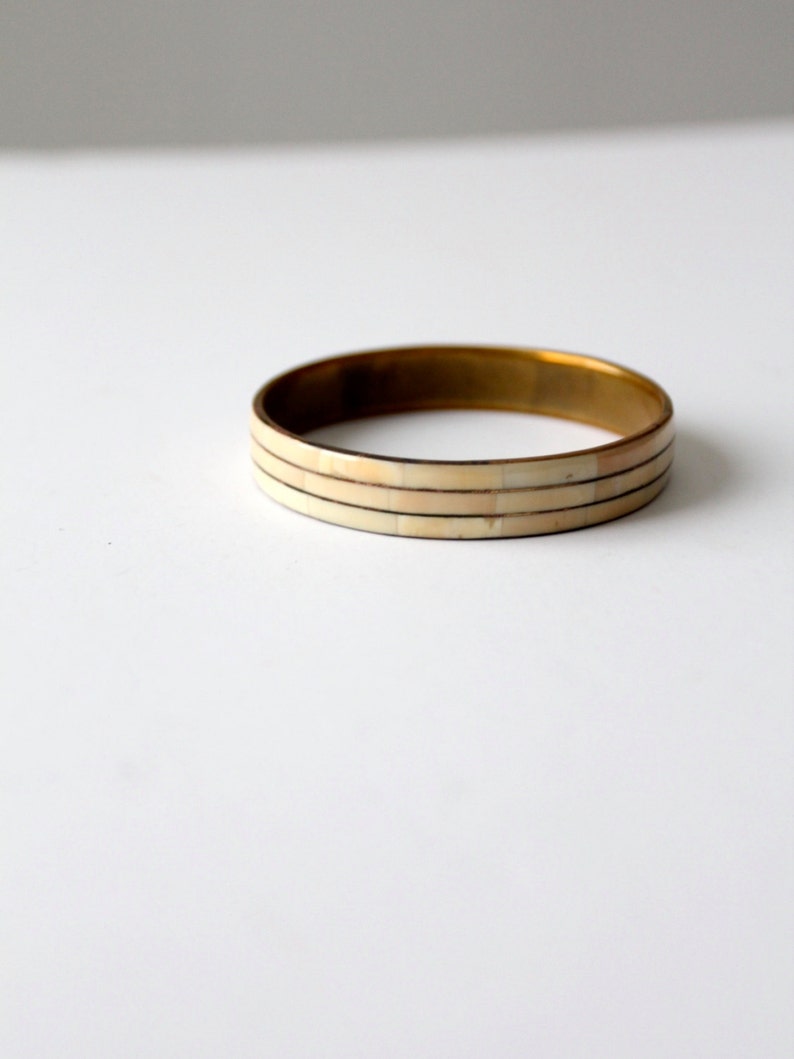 1970s bangle bracelet brass with bone inlay bangle