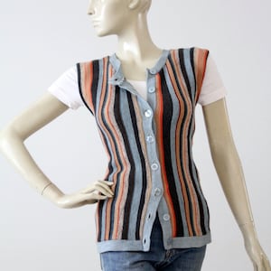 1980s sweater vest, sleeveless striped cardigan, stripe knit top