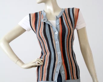 1980s sweater vest, sleeveless striped cardigan, stripe knit top