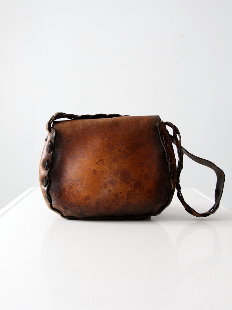 Vintage 60s leather handbag hippie purse braided shoulder Etsy
