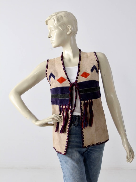 1970s southwestern vest, hippie suede and knit top