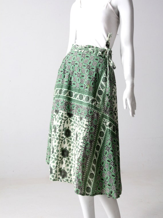 vintage 70s wrap skirt, boho green block print sk… - image 7