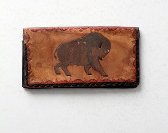 vintage 70s bison tooled leather wallet