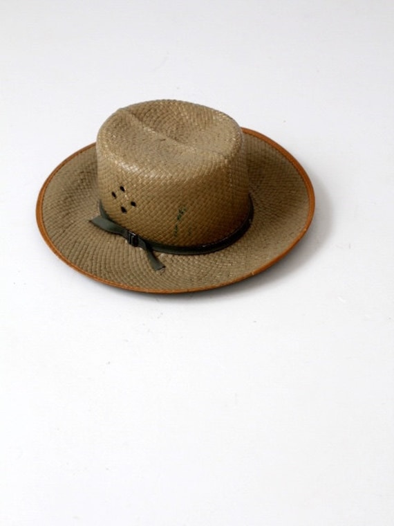 vintage safari hat, woven camp hat with grommets,