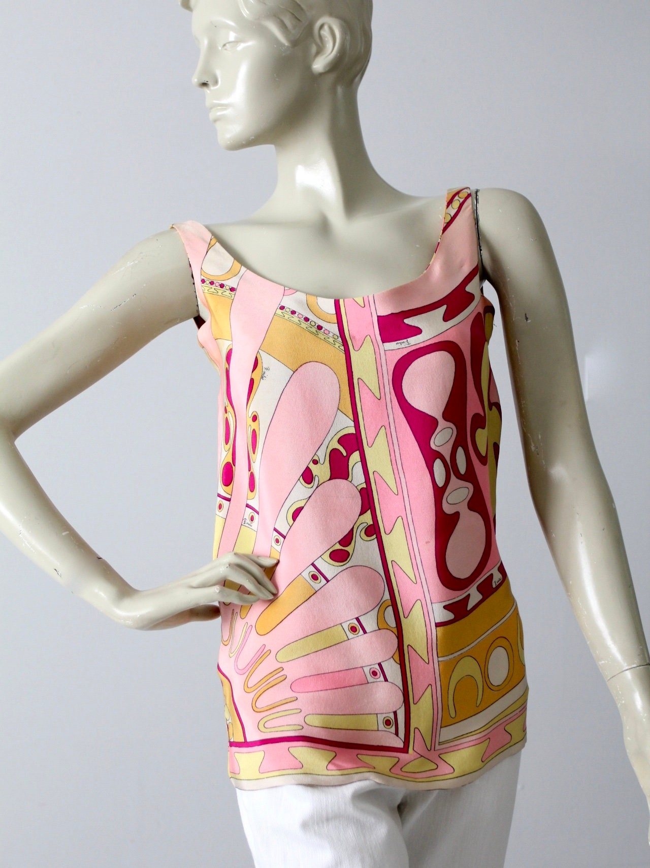 トップス NEW made in ITALY EMILIO PUCCI tops EMILIO PUCCI Vintage Top 100% SILK Sleeveless Button Blouse