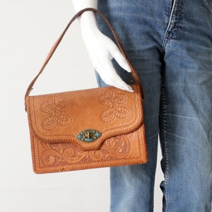 vintage tooled leather bag, western satchel