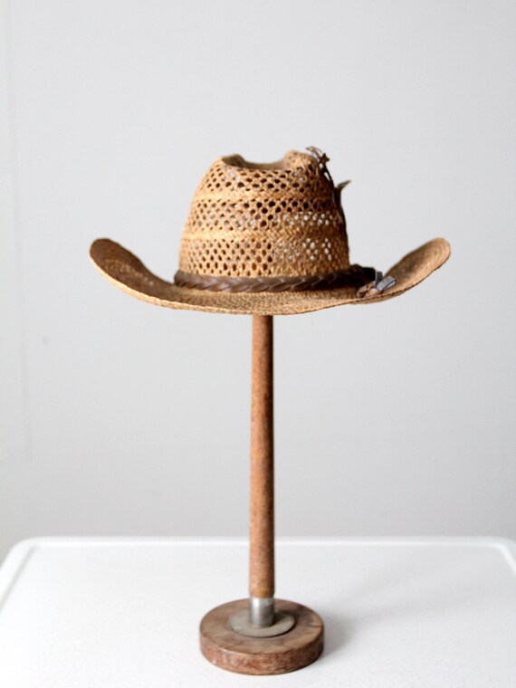 vintage open weave straw cowboy hat - image 3