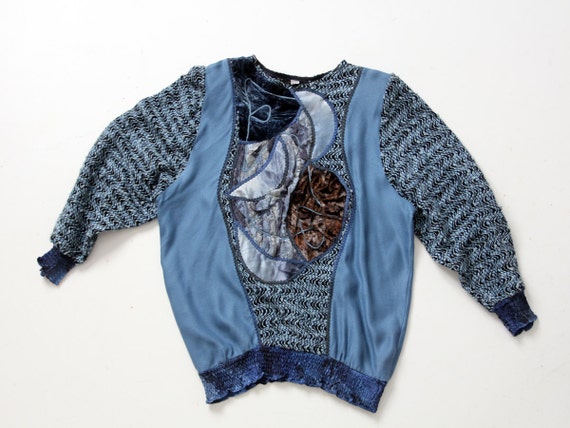 1980s velour patchwork blouse , oversize blue top - image 2