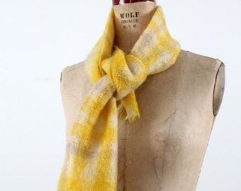 1970s plaid mohair scarf, vintage yellow wool