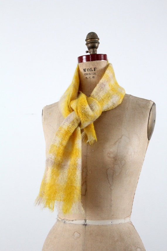 1970s plaid mohair scarf, vintage yellow wool