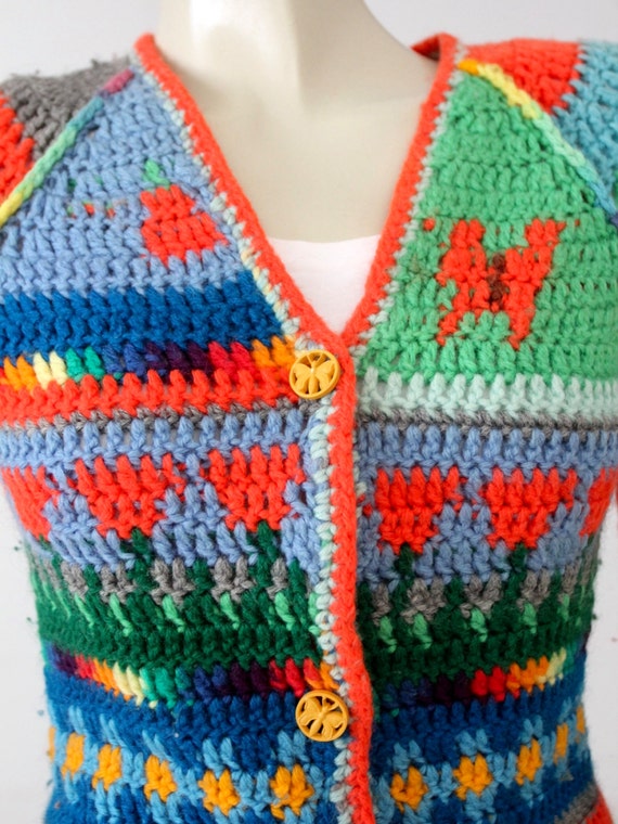 vintage 1970s crotchet hippie cardigan, rainbow b… - image 5