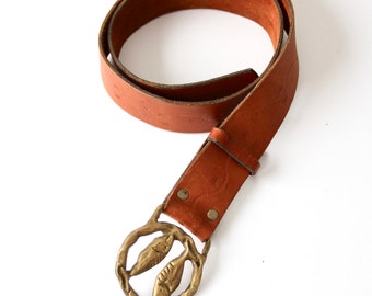 Buy 1970s Pisces Zodiac Buckle Hippie Belt, Tooled Leather  display picture 1