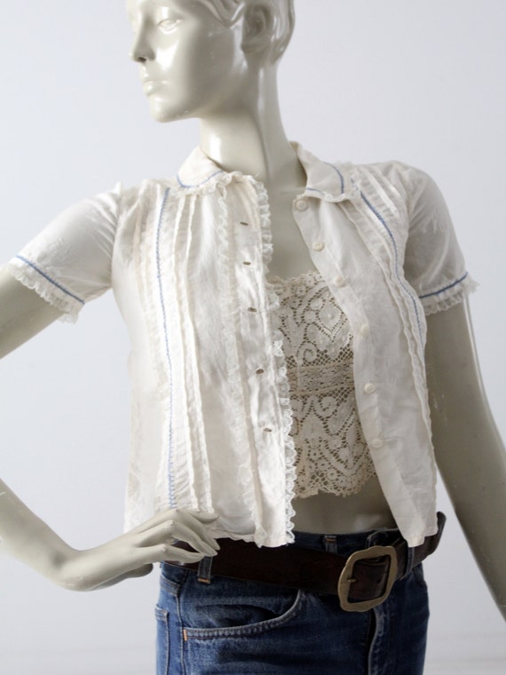 1920s silk blouse, cream pin tuck lace button up … - image 4