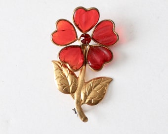 vintage floral brooch, red & gold costume jewelry pin