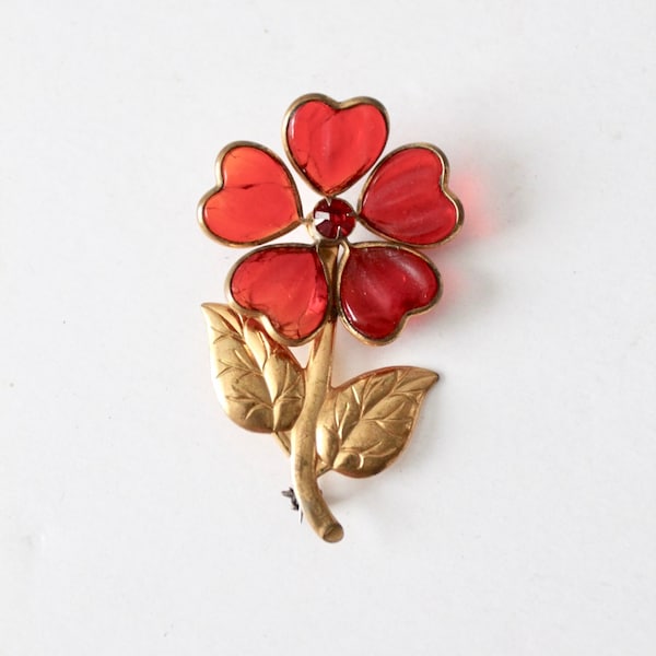 vintage floral brooch, red & gold costume jewelry pin