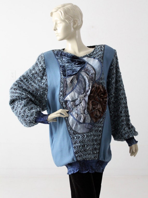 1980s velour patchwork blouse , oversize blue top
