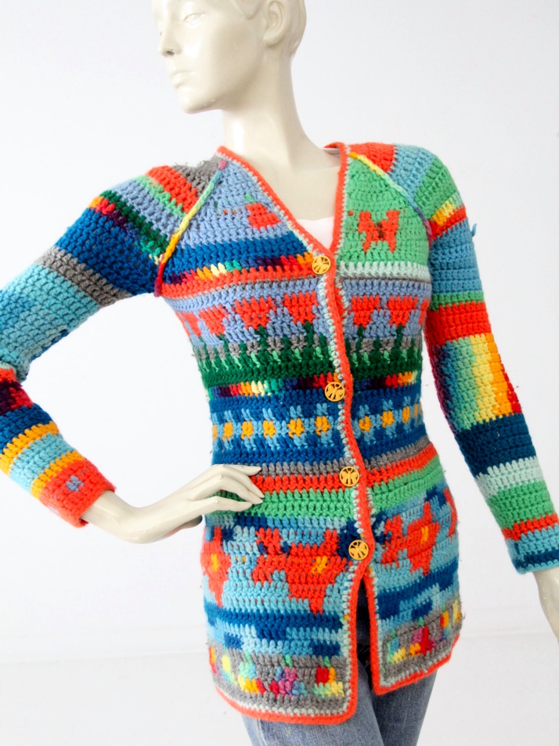 Vintage 1970s Crotchet Hippie Cardigan, Rainbow Butterfly Sweater - Etsy